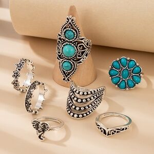 *ZAIDA* 7-Pc Silver x Turquoise Fashion Ring Set